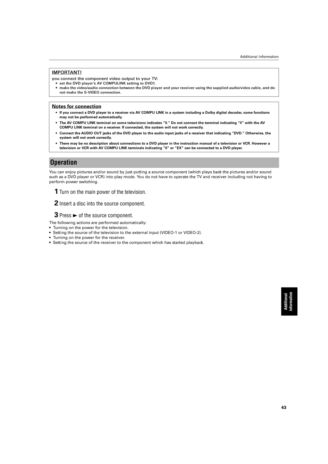 JVC XV-S30BK manual Operation, NotmaketheS-VIDEOconnection, Television, Performpowerswitching 