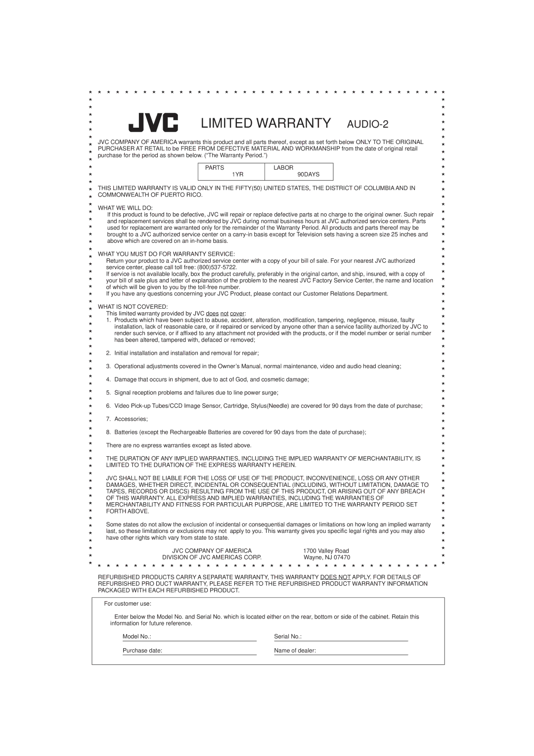 JVC XV-S30BK manual Limited Warranty AUDIO-2 