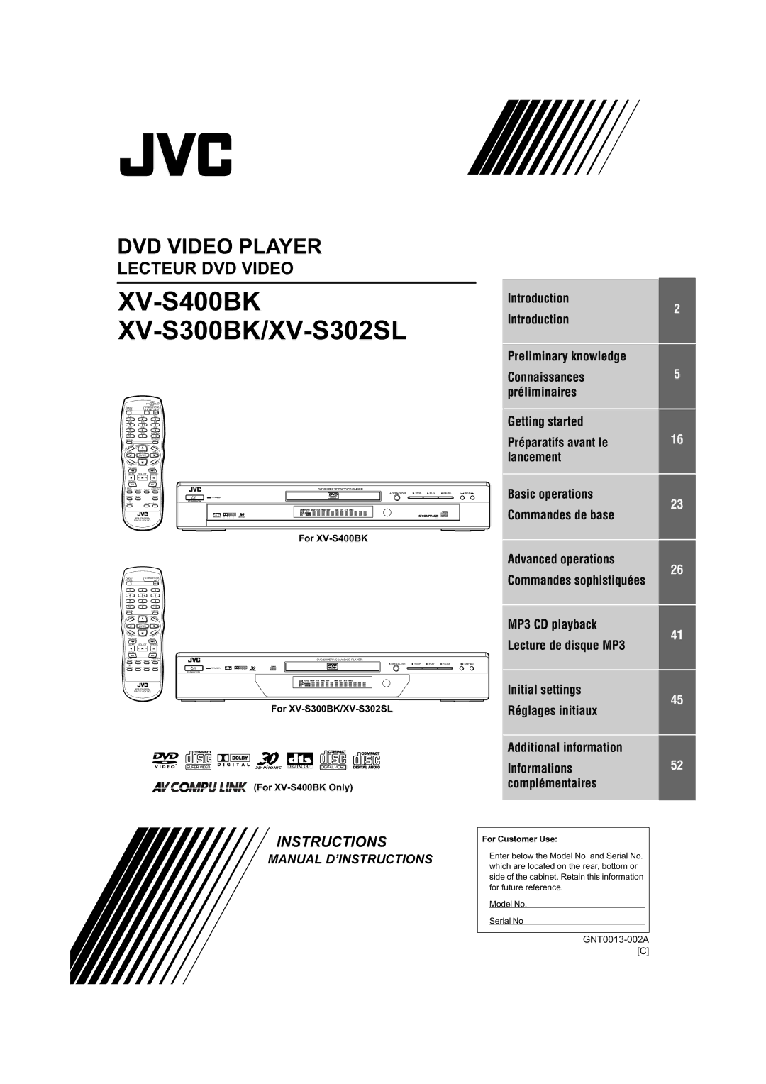 JVC XV-S320SL manual Commandes sophistiquées, MP3 CD playback, Lecture de disque MP3, Initial settings, Réglages initiaux 