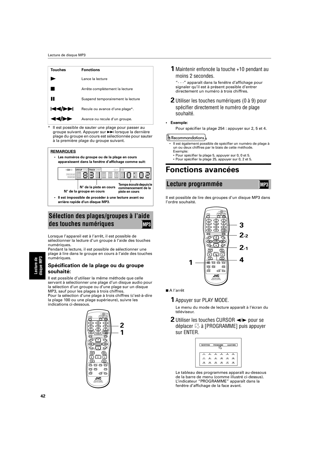 JVC XV-S320SL Fonctions avancées, Lecture programmée, Spécification de la plage ou du groupe souhaité, Touches Fonctions 