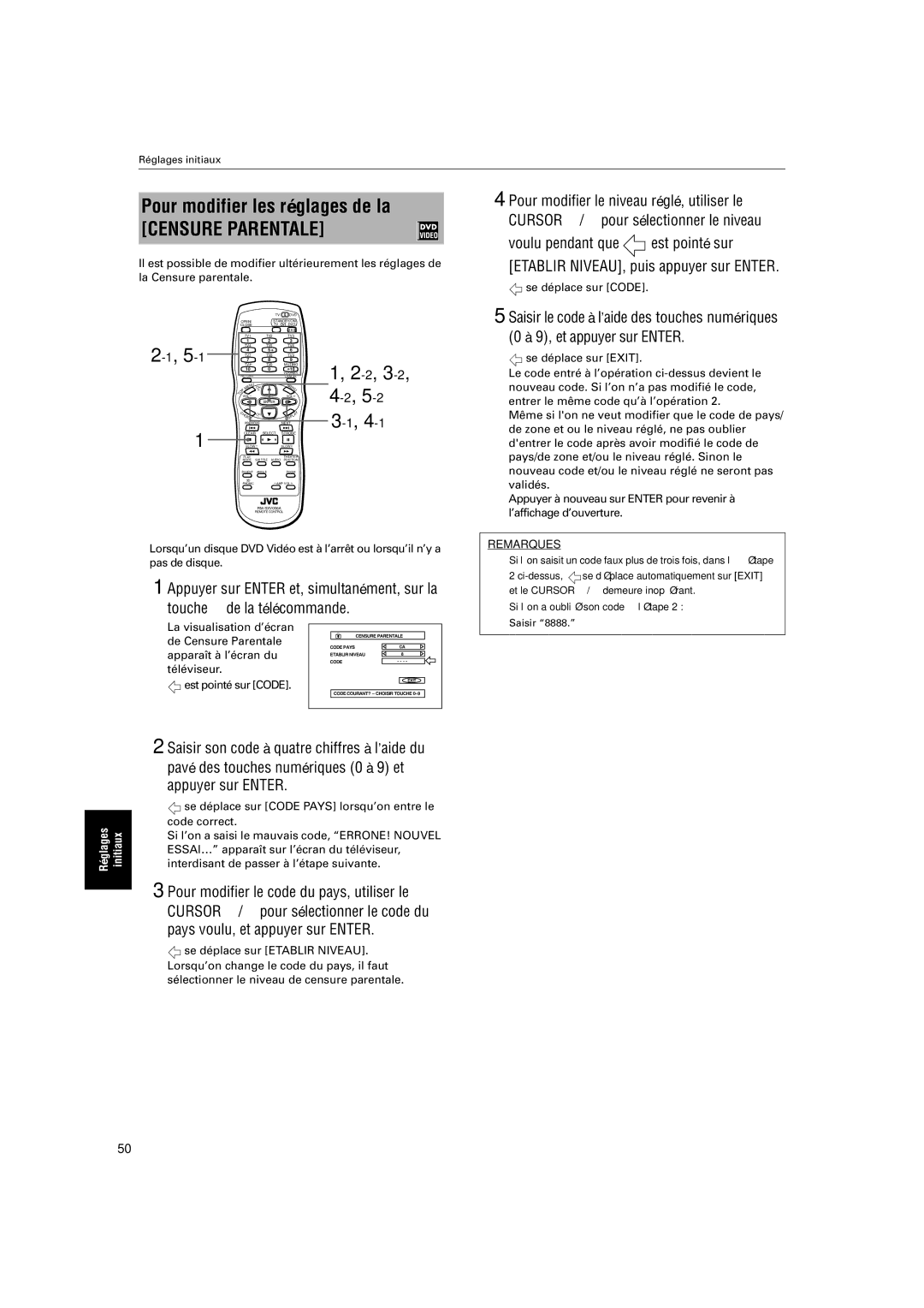 JVC XV-S320SL manual Pour modifier les réglages de la, De Censure Parentale, Apparaît à l’écran du, Téléviseur 