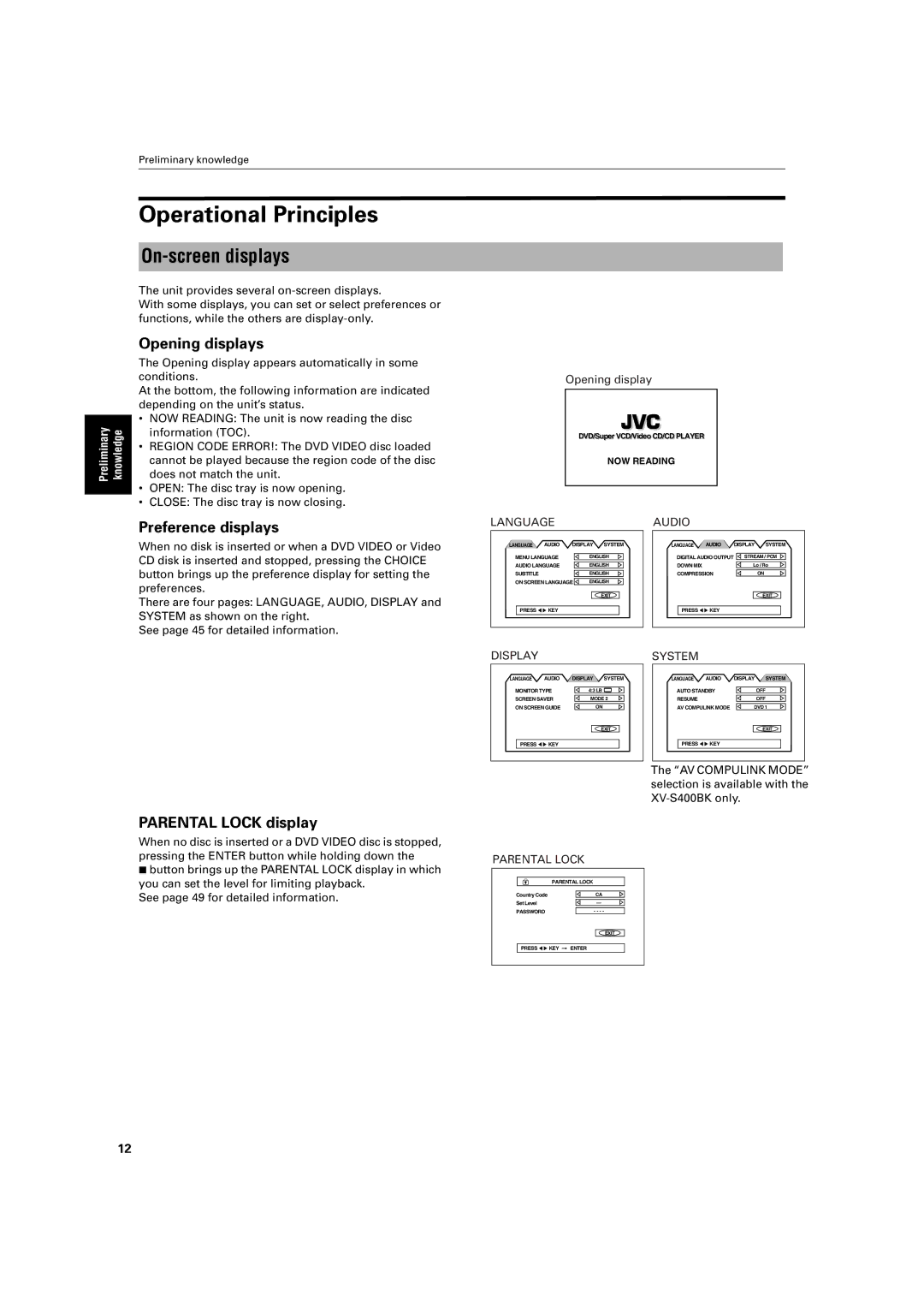 JVC XV-S320SL Operational Principles, On-screen displays, Opening displays, Preference displays, Parental Lock display 