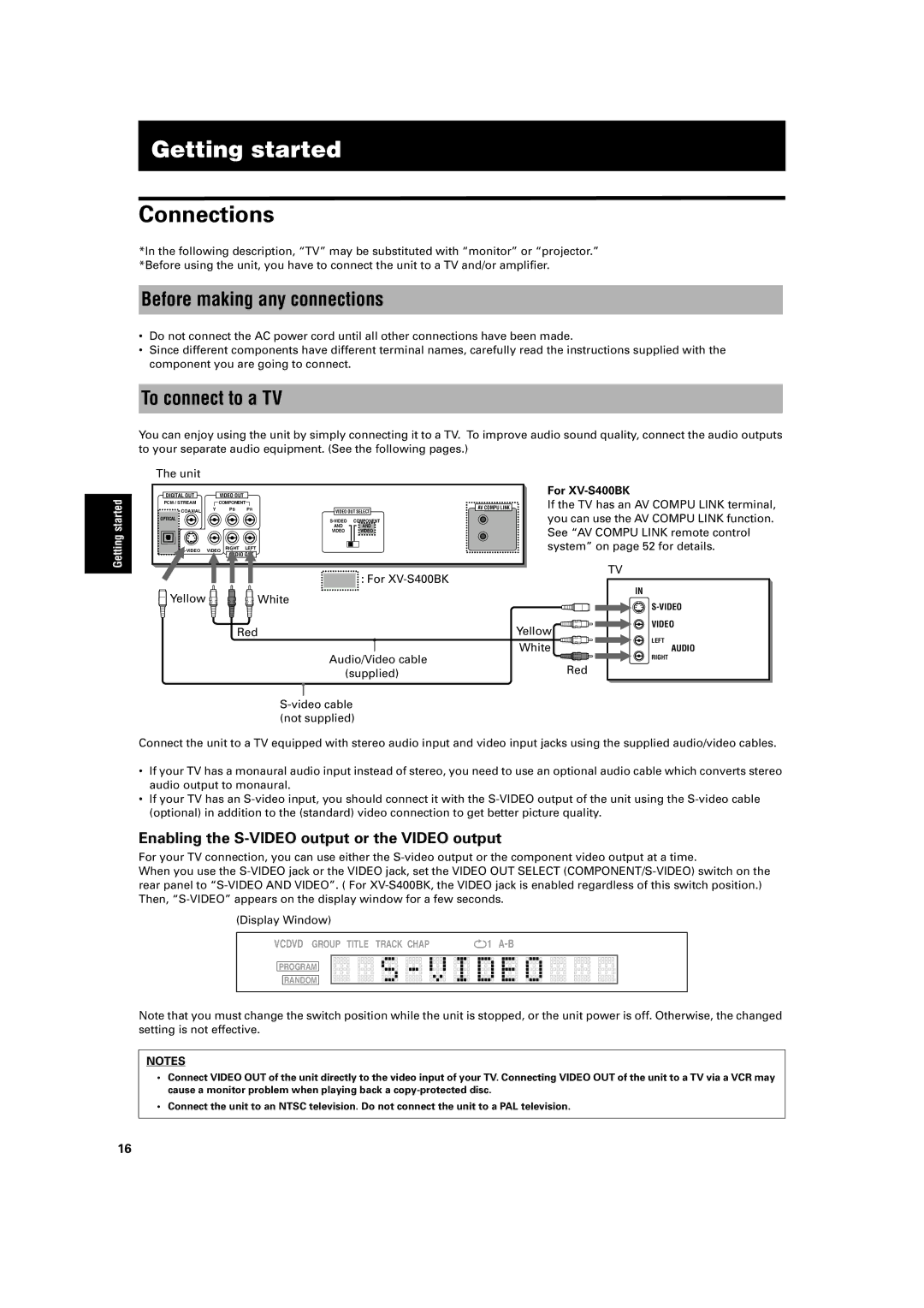 JVC XV-S320SL manual Getting started, Connections, Before making any connections, To connect to a TV 