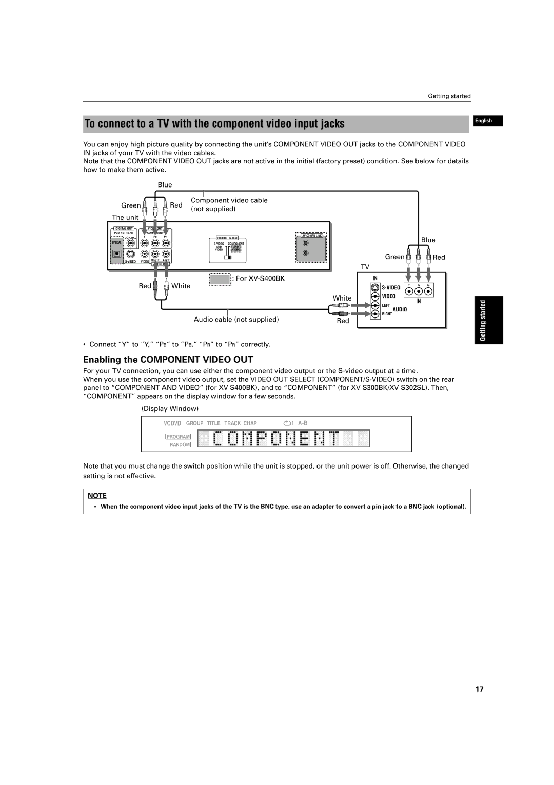 JVC XV-S320SL manual To connect to a TV with the component video input jacks, Enabling the Component Video OUT 