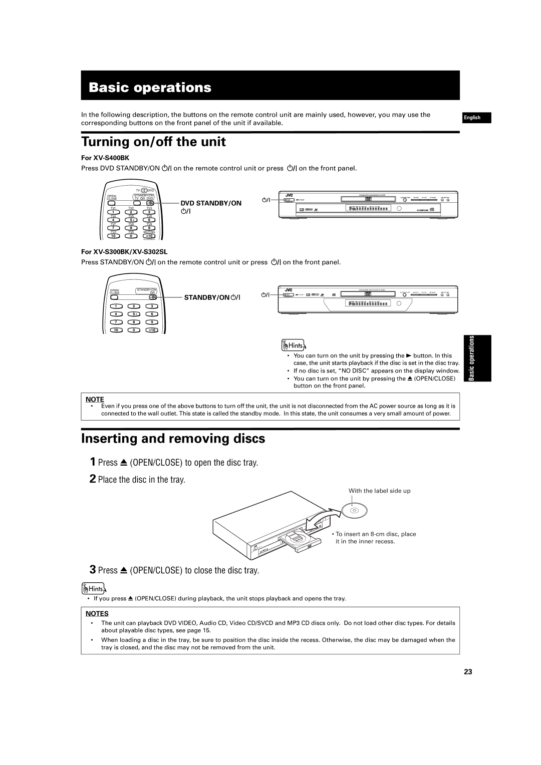 JVC XV-S320SL manual Basic operations, Turning on/off the unit, Inserting and removing discs 