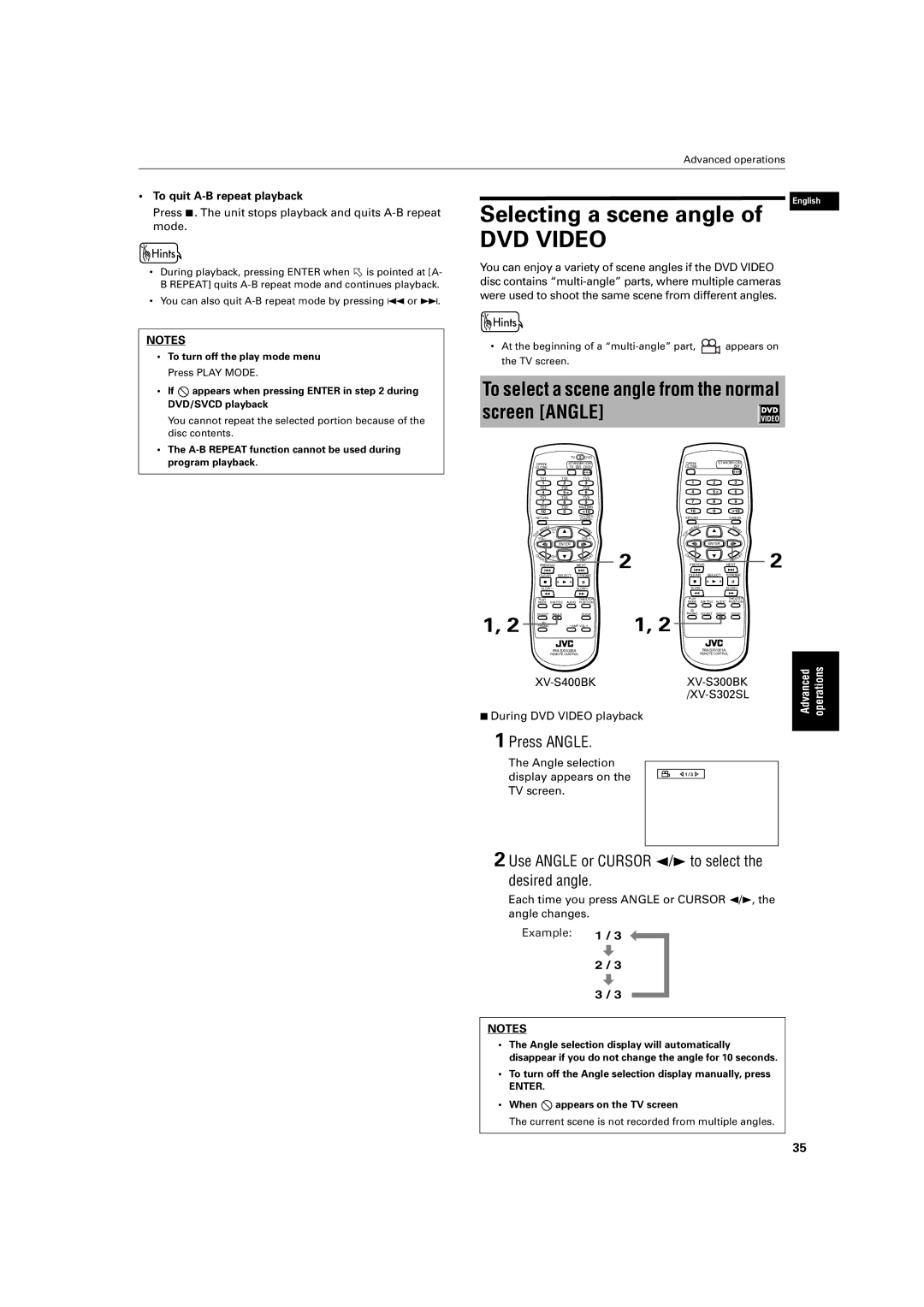 JVC XV-S320SL manual Selecting a scene angle, To select a scene angle from the normal screen Angle, Press Angle 