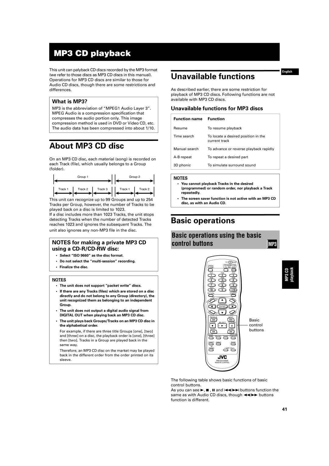 JVC XV-S320SL manual MP3 CD playback, About MP3 CD disc, Unavailable functions, Basic operations 