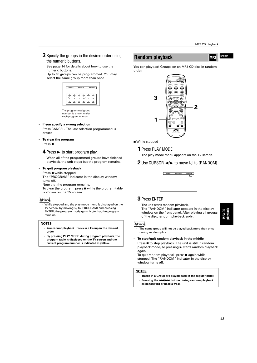 JVC XV-S320SL manual You can playback Groups on an MP3 CD disc in random, Order, Disc, random playback ends 