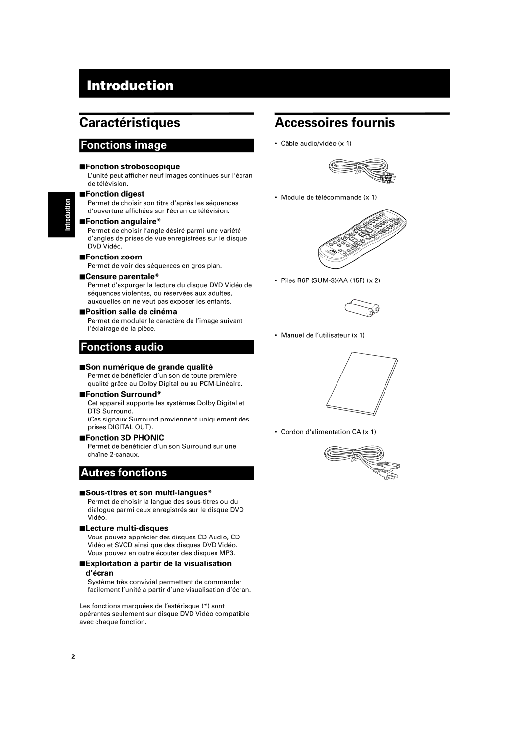 JVC XV-S320SL manual Caractéristiques, Accessoires fournis, Permet de voir des séquences en gros plan 