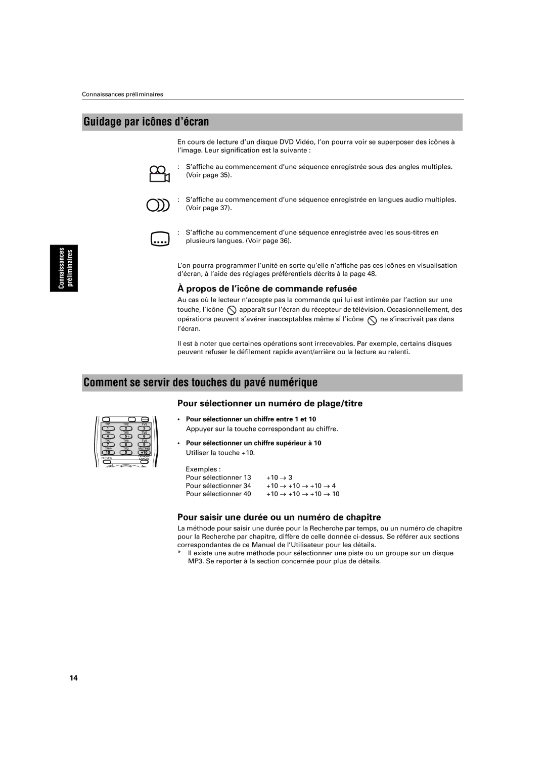 JVC XV-S320SL manual Guidage par icônes d’écran, Comment se servir des touches du pavé numérique 