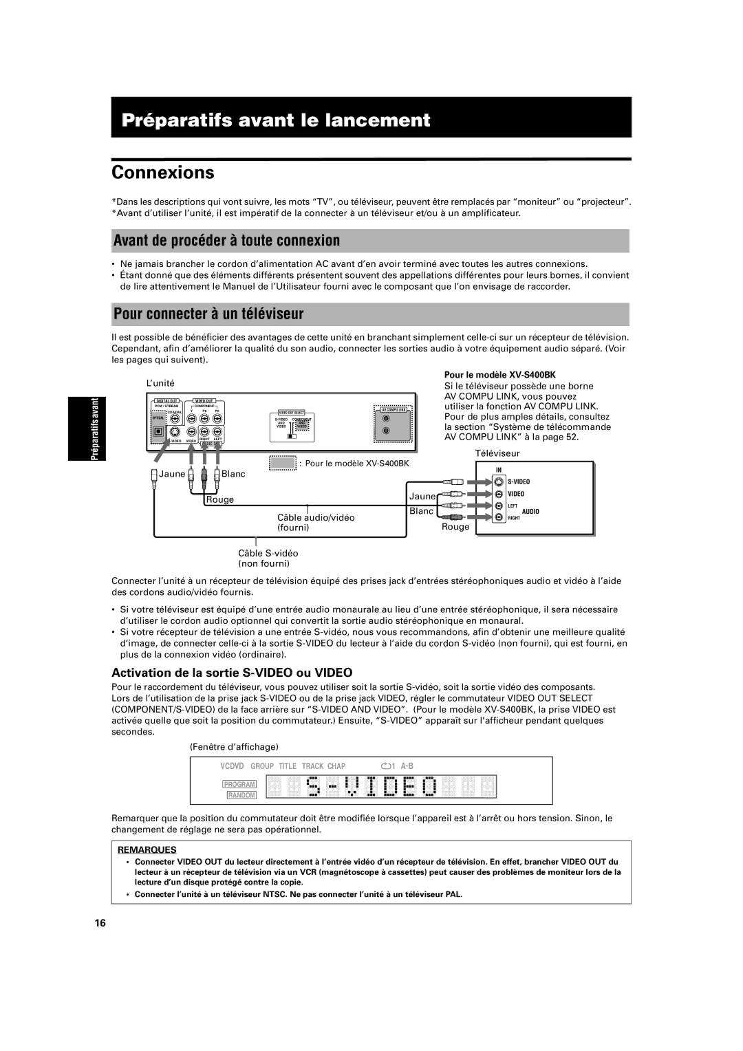 JVC XV-S320SL manual Préparatifs avant le lancement, Connexions, Avant de procéder à toute connexion 