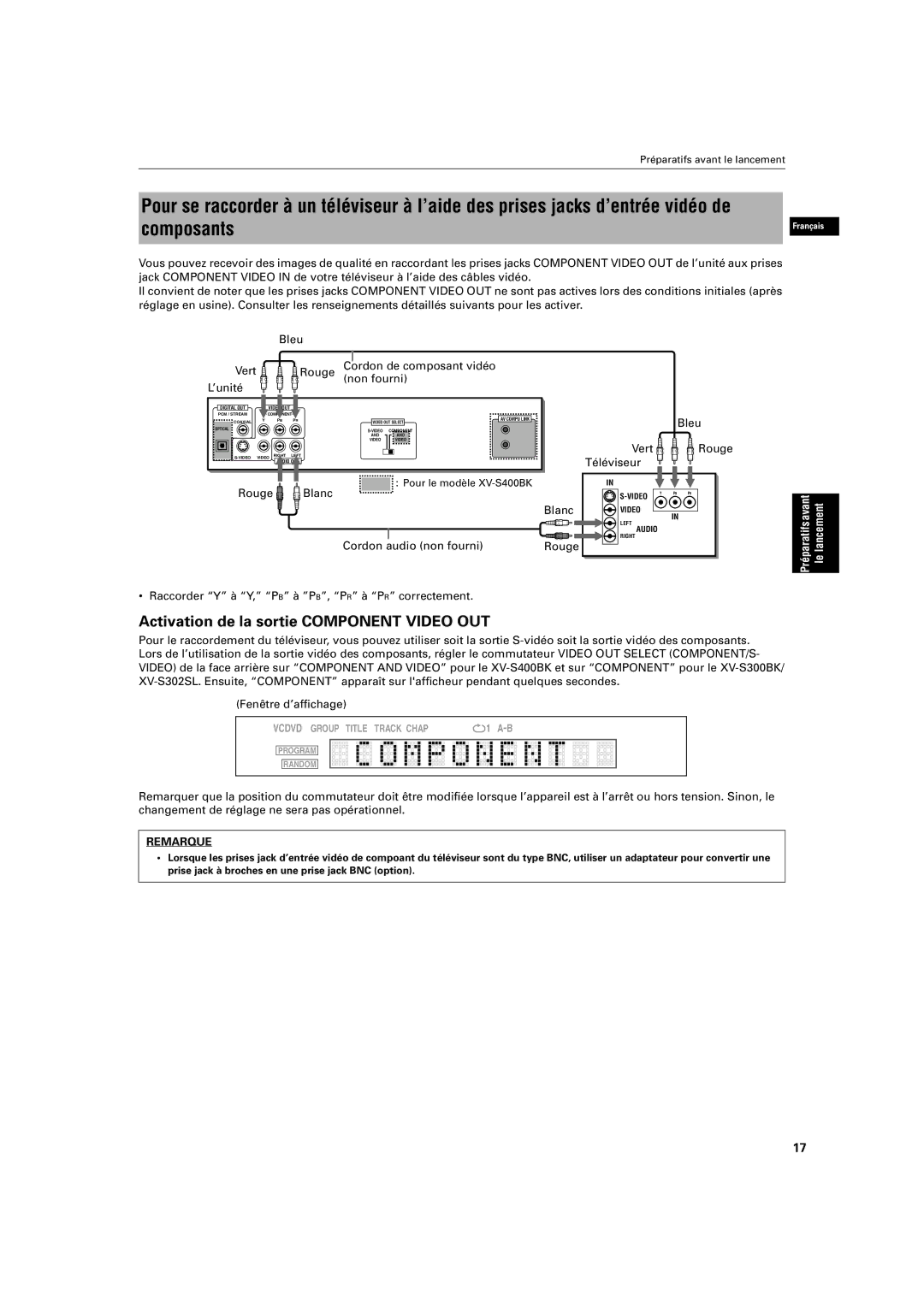 JVC XV-S320SL Activation de la sortie Component Video OUT, Bleu Vert Cordon de composant vidéo Rouge non fourni ’unité 