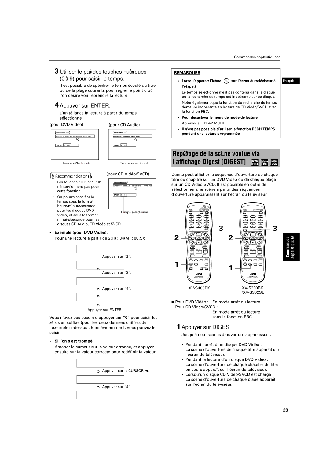 JVC XV-S320SL manual Appuyer sur Digest, Pour DVD Vidéo Pour CD Audio, Pour CD Vidéo/SVCD, Exemple pour DVD Vidéo 