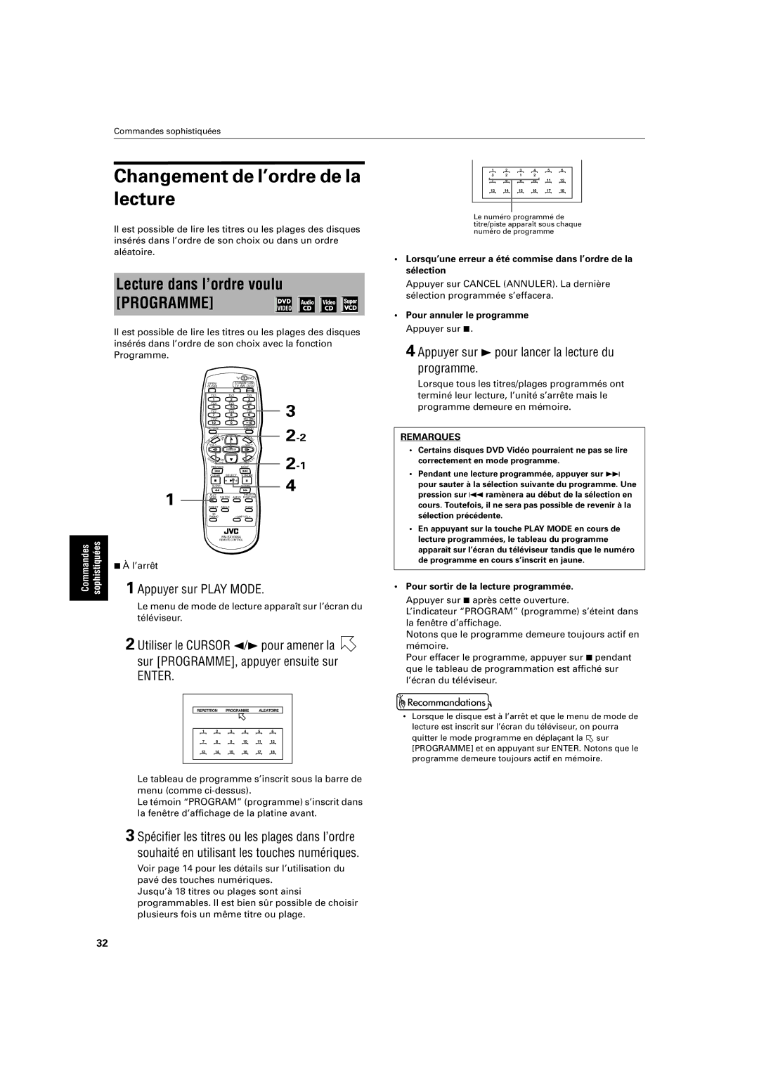 JVC XV-S320SL manual Changement de l’ordre de la lecture, Lecture dans l’ordre voulu, Pour annuler le programme Appuyer sur 