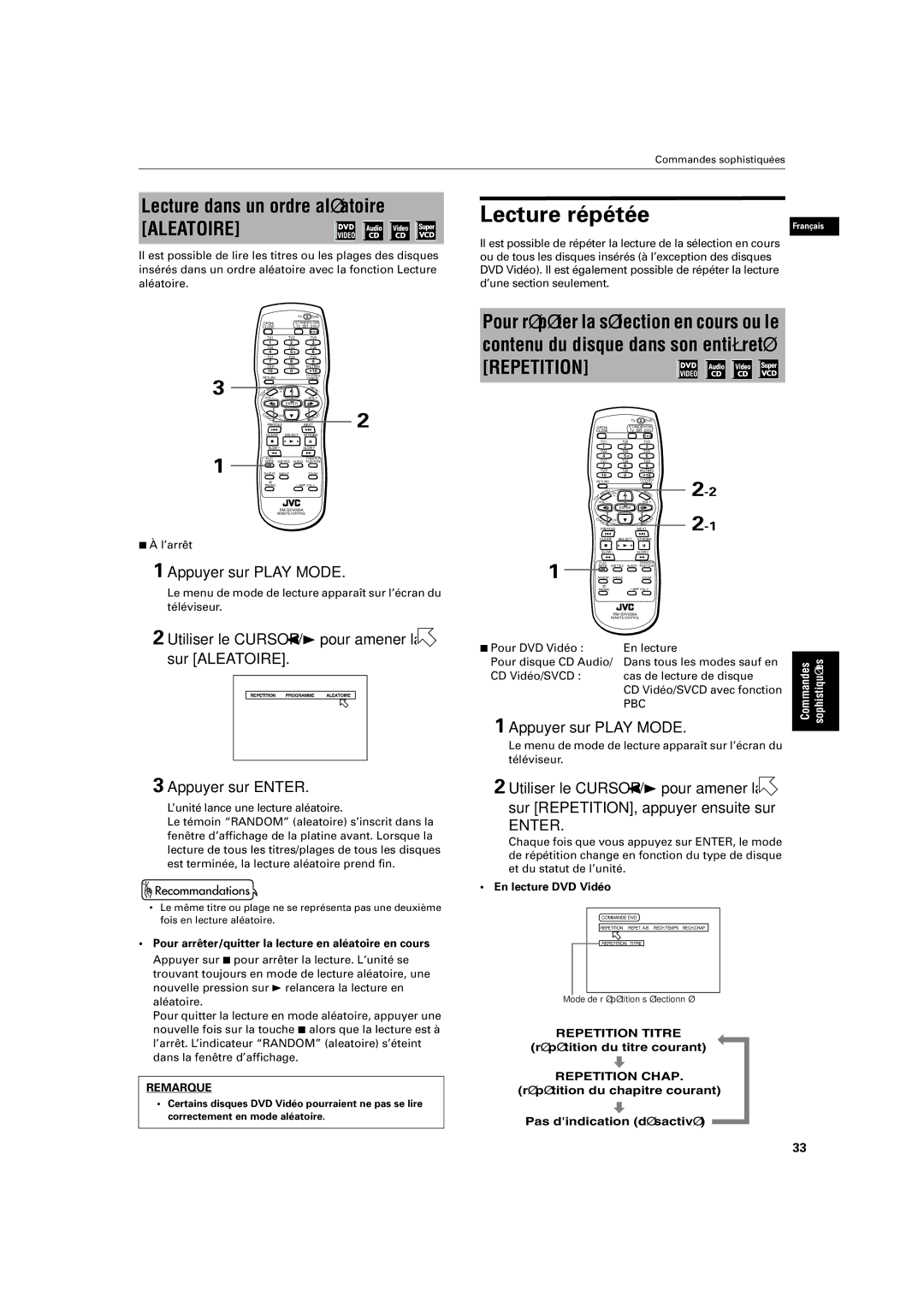 JVC XV-S320SL manual Lecture répétée, Lecture dans un ordre aléatoire, Utiliser le Cursor 2/3 pour amener la sur Aleatoire 