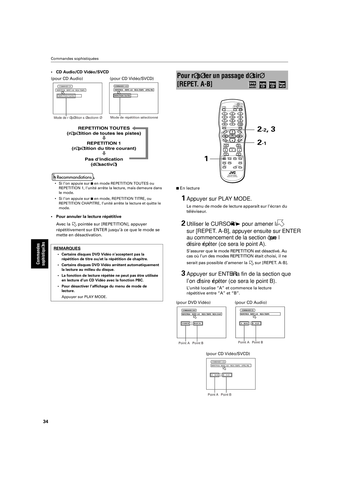 JVC XV-S320SL manual Pour répéter un passage désiré REPET. A-B, CD Audio/CD Vidéo/SVCD Pour CD Audio Pour CD Vidéo/SVCD 