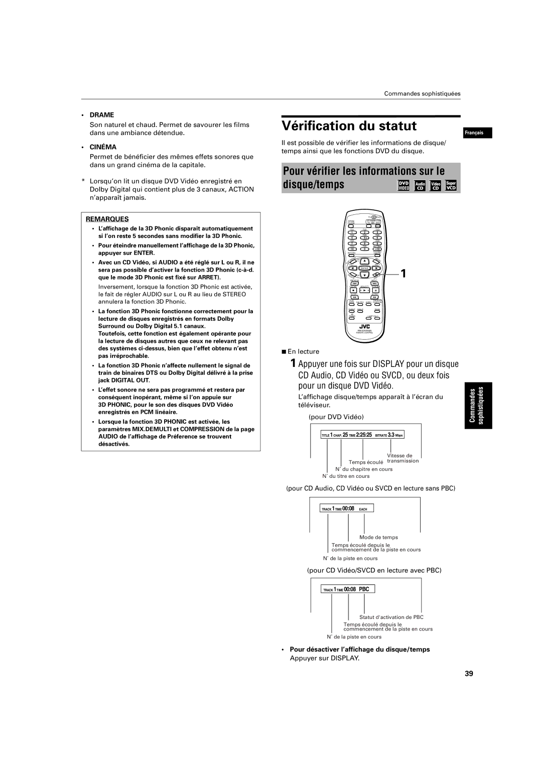 JVC XV-S320SL Vérification du statut, Pour vérifier les informations sur le disque/temps, Pour un disque DVD Vidéo, Drame 