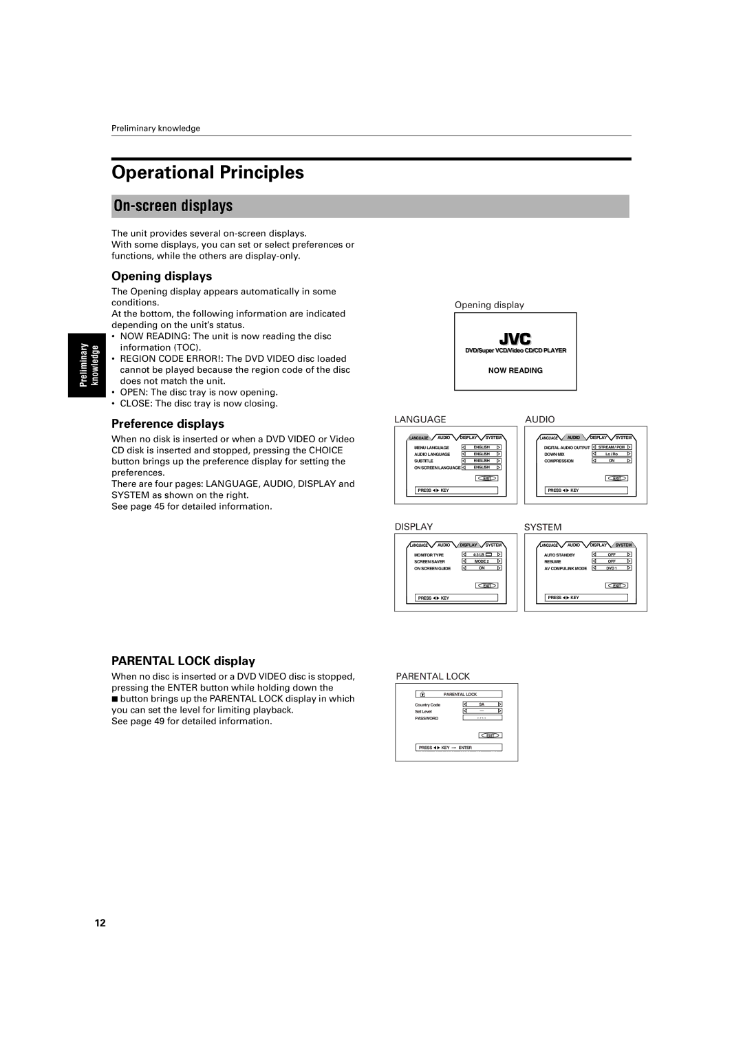 JVC XV-S402SL Operational Principles, On-screen displays, Opening displays, Preference displays, Parental Lock display 