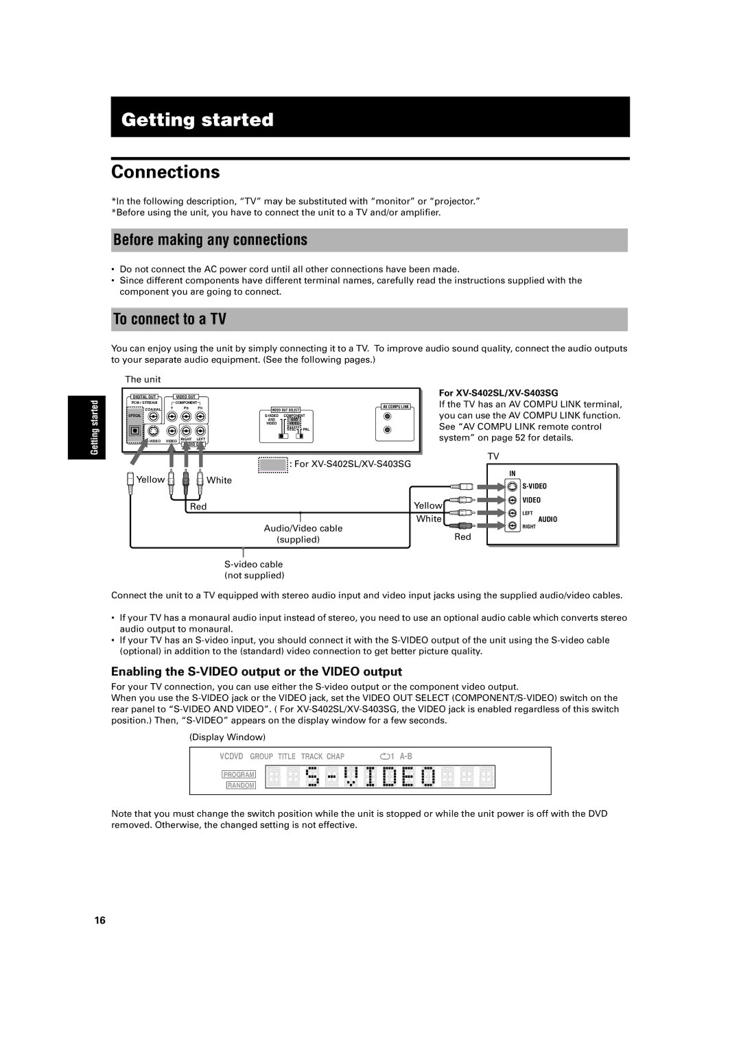 JVC XV-S402SL, XV-S403SG manual Connections, Before making any connections, To connect to a TV 