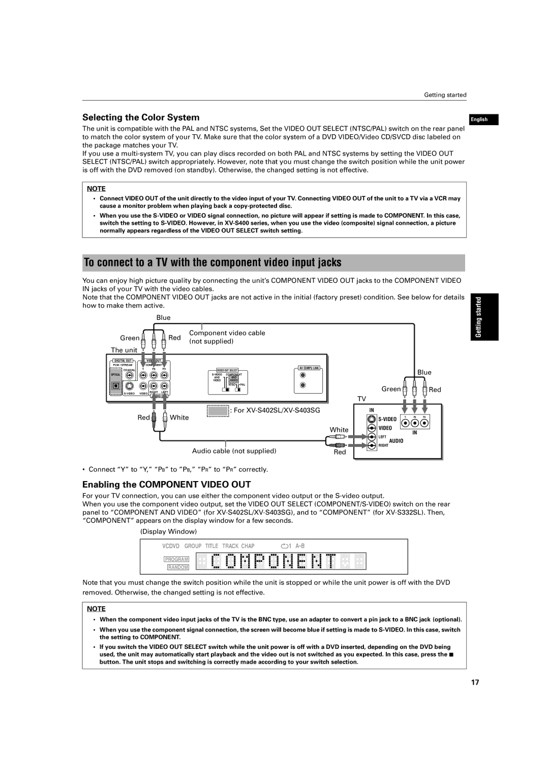 JVC XV-S403SG, XV-S402SL manual To connect to a TV with the component video input jacks, Selecting the Color System 