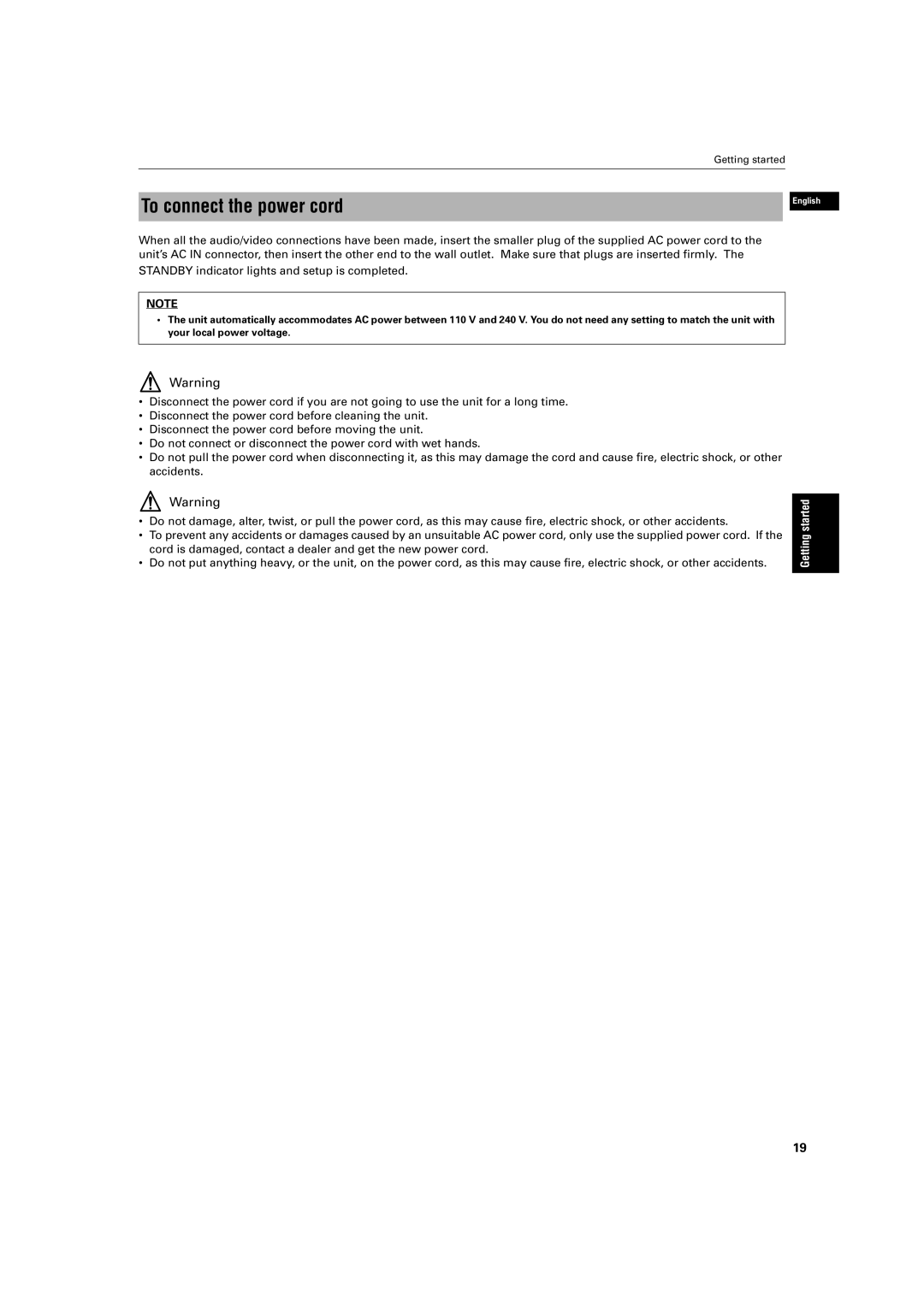 JVC XV-S403SG, XV-S402SL manual To connect the power cord 