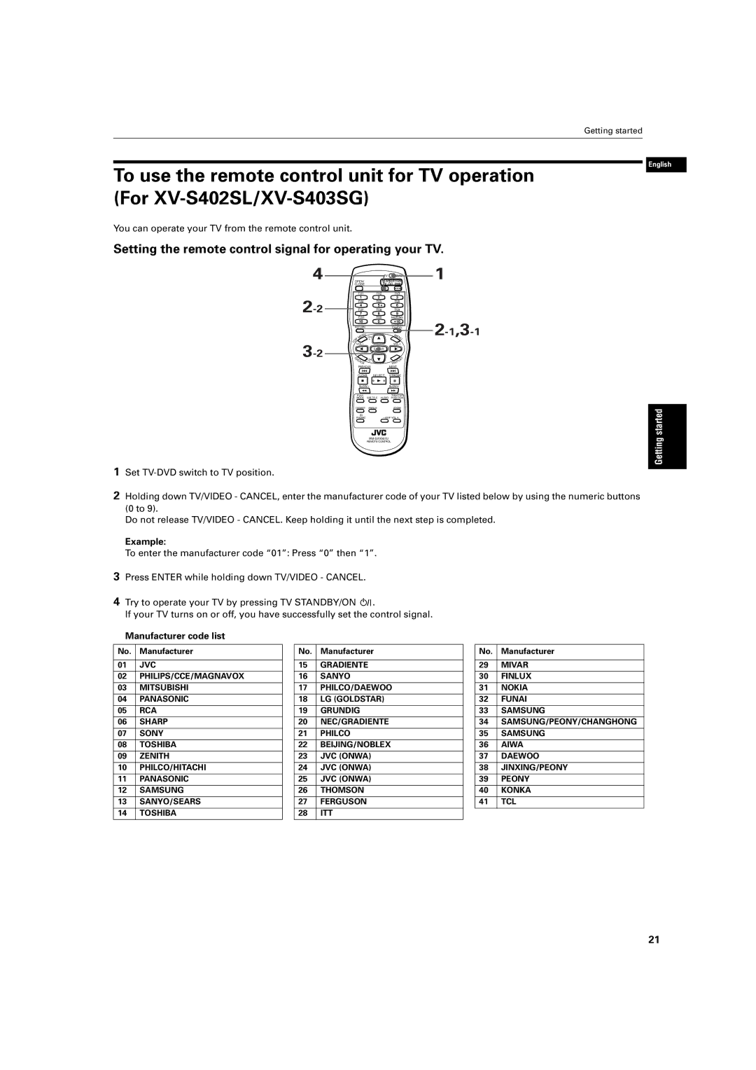 JVC XV-S403SG manual Setting the remote control signal for operating your TV, Set TV-DVD switch to TV position, Example 