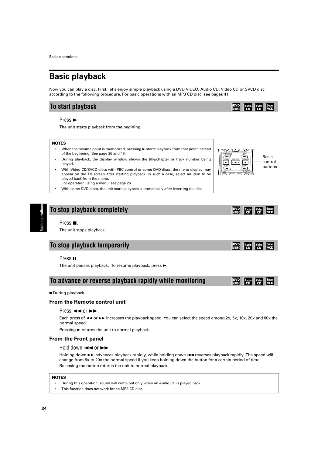 JVC XV-S402SL, XV-S403SG manual Basic playback, To start playback, To stop playback completely, To stop playback temporarily 