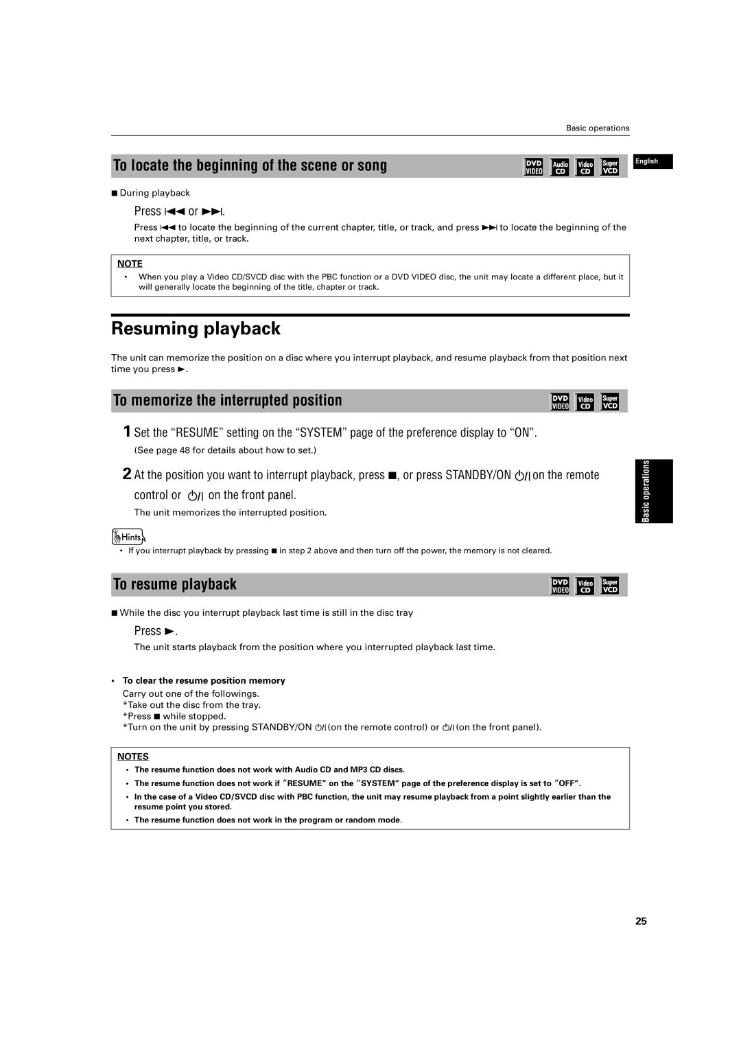 JVC XV-S403SG manual Resuming playback, To locate the beginning of the scene or song, To memorize the interrupted position 