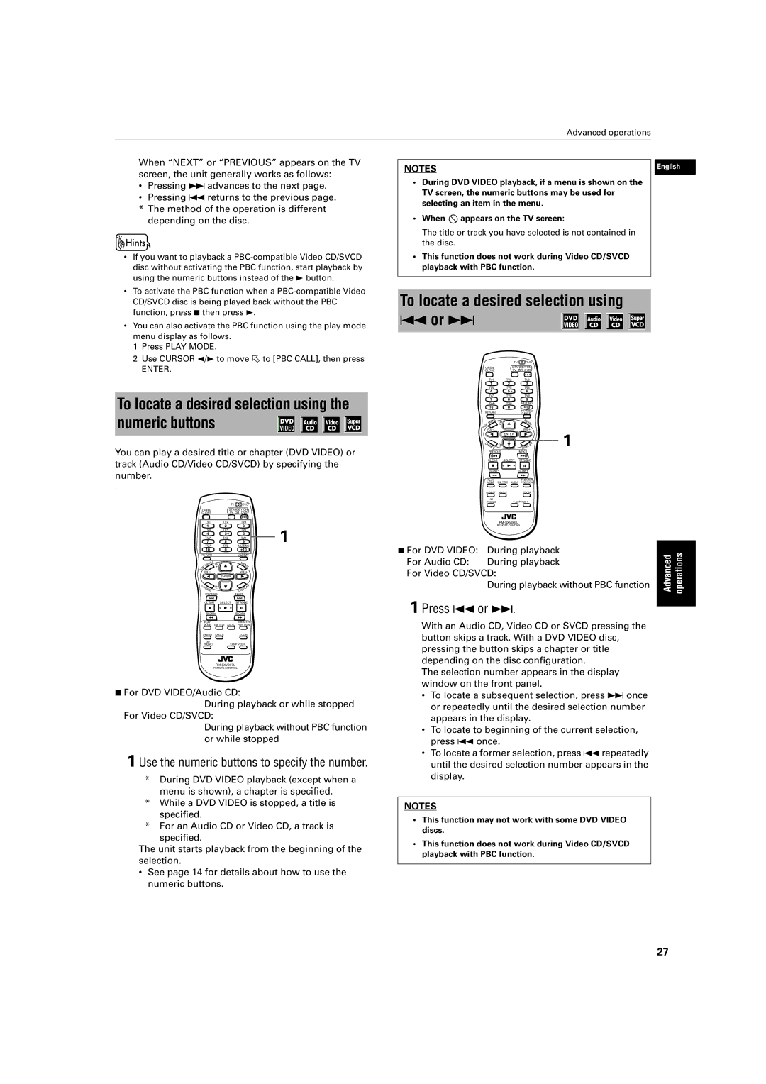 JVC XV-S403SG, XV-S402SL manual To locate a desired selection using 4 or ¢, Use the numeric buttons to specify the number 