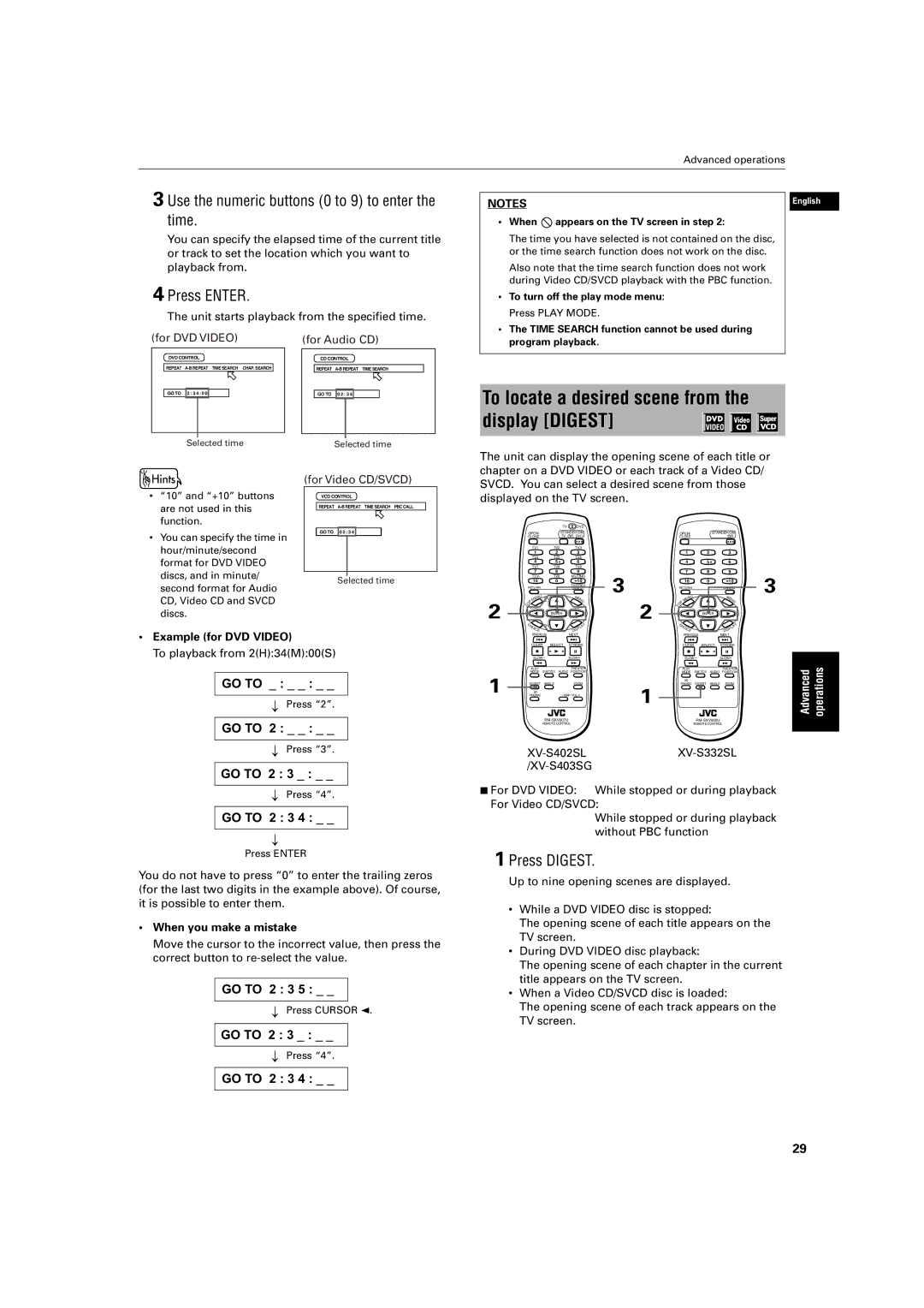 JVC XV-S403SG manual To locate a desired scene from the display Digest, Use the numeric buttons 0 to 9 to enter the time 