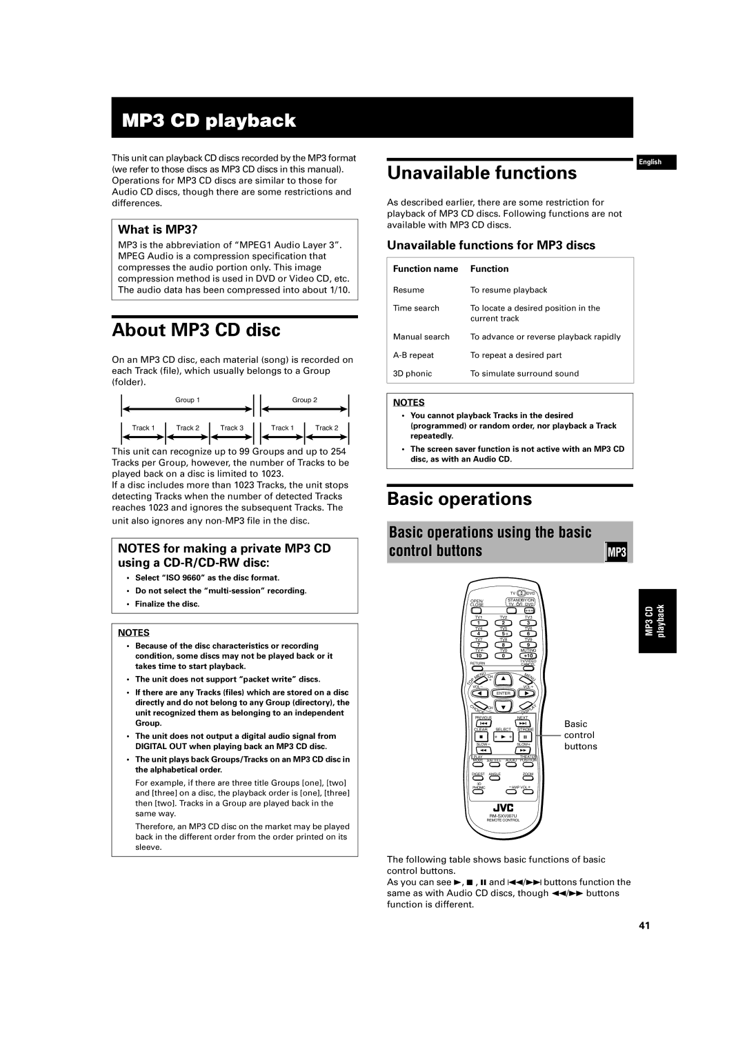 JVC XV-S403SG, XV-S402SL About MP3 CD disc, Unavailable functions, Basic operations using the basic control buttons 