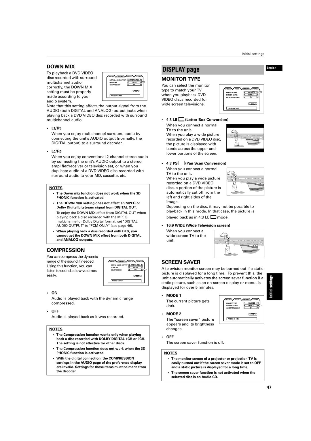 JVC XV-S403SG To playback a DVD Video, Lt/Rt, L0/R0, LB Letter Box Conversion, 43 PS, Wide Wide Television screen, Dark 