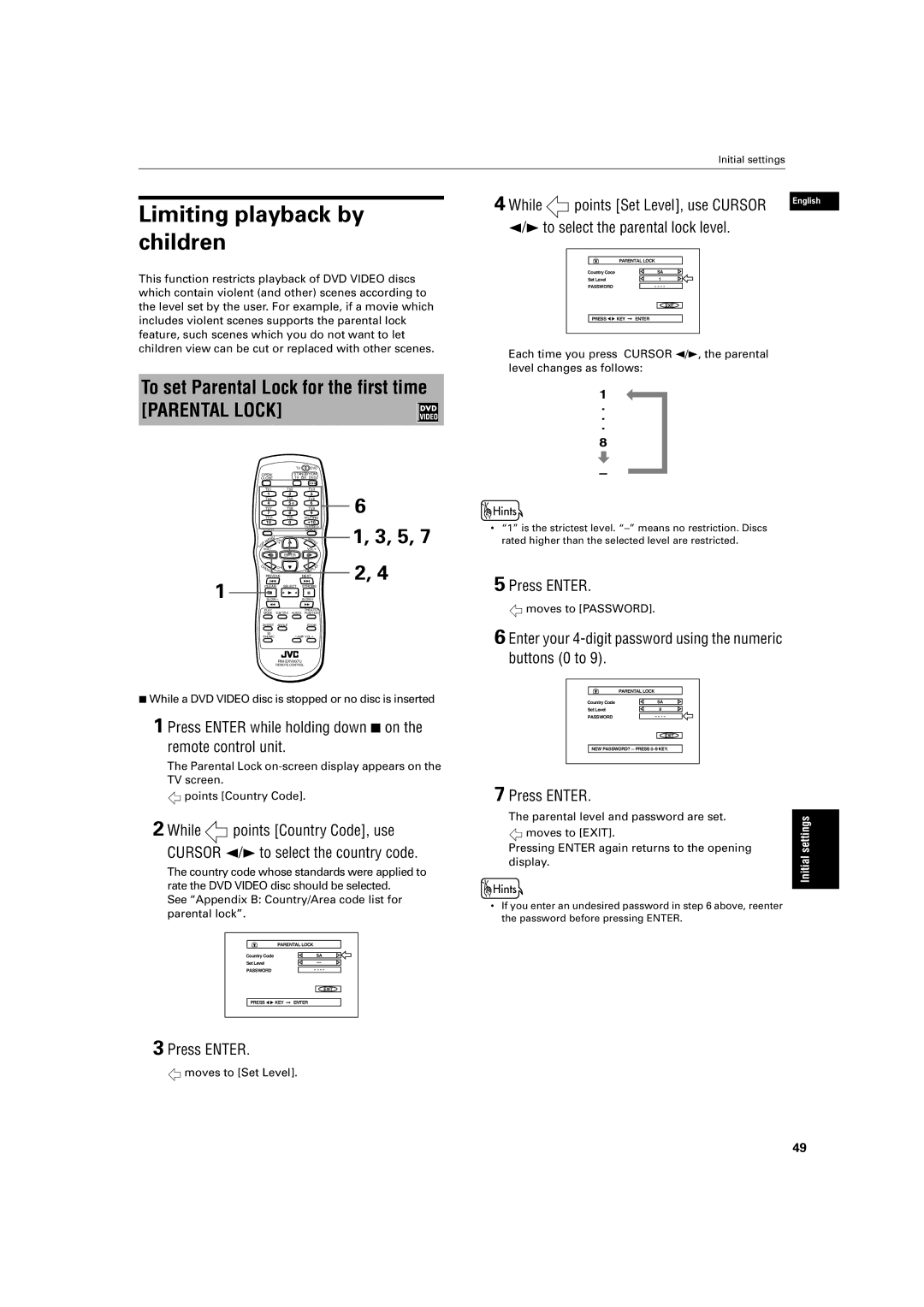 JVC XV-S403SG Limiting playback by children, To set Parental Lock for the first time, While Points Set Level, use Cursor 