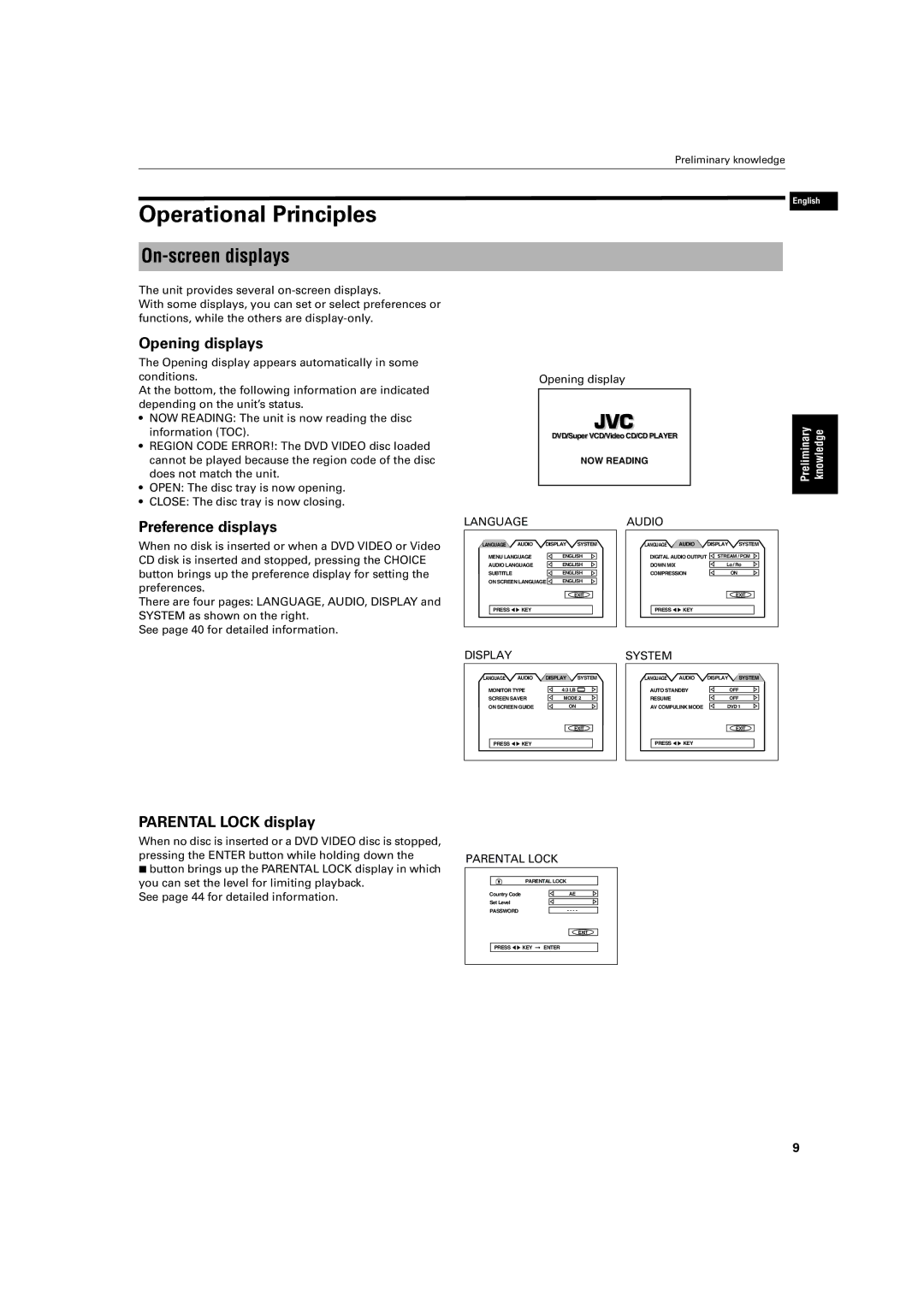 JVC XV-S42SL Operational Principles, On-screen displays, Opening displays, Preference displays, Parental Lock display 