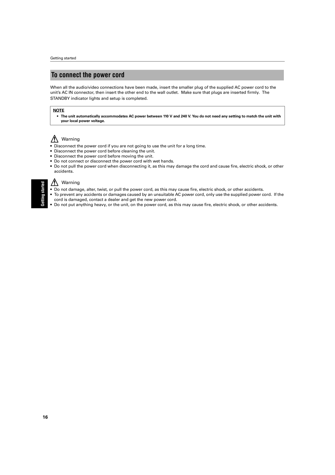 JVC XV-S40BK, XV-S42SL manual To connect the power cord 