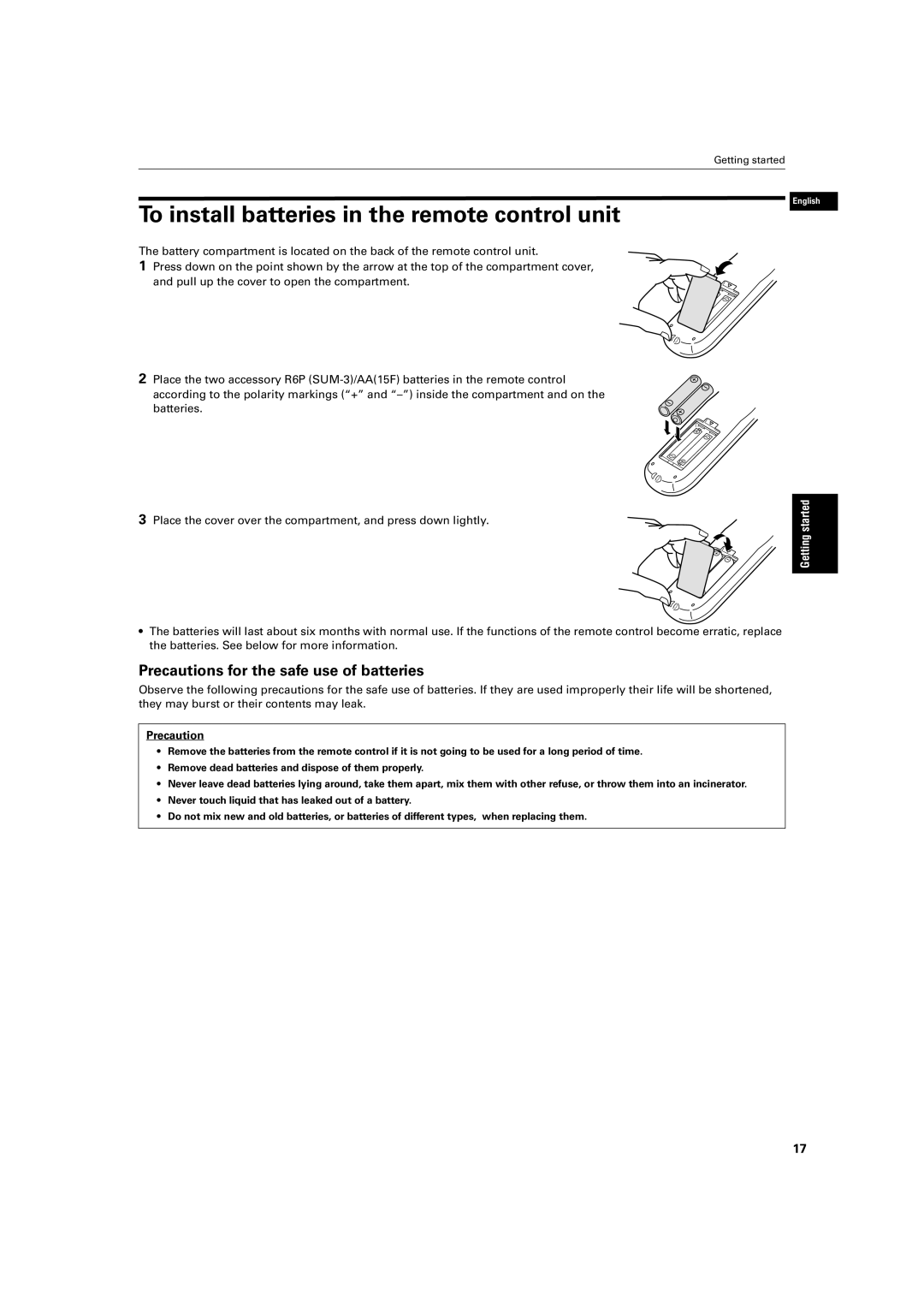 JVC XV-S42SL, XV-S40BK manual To install batteries in the remote control unit, Precautions for the safe use of batteries 