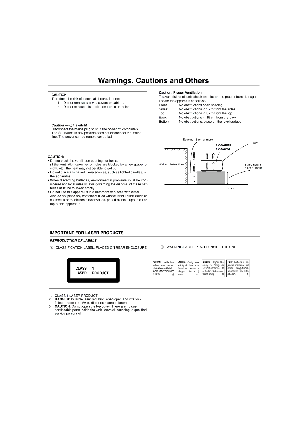 JVC XV-S40BK, XV-S42SL manual Important for Laser Products 