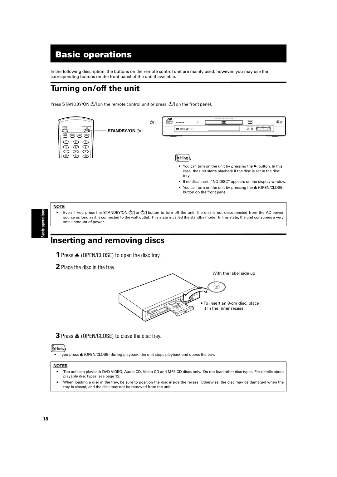 JVC XV-S40BK, XV-S42SL manual Basic operations, Turning on/off the unit, Inserting and removing discs 