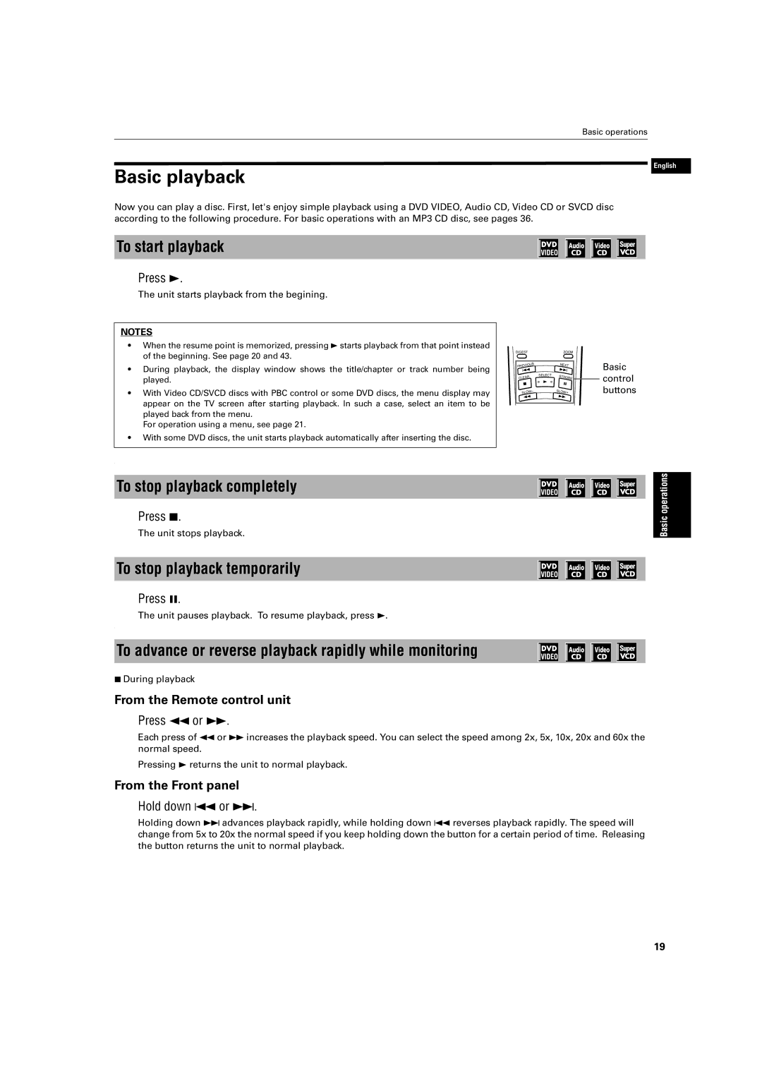 JVC XV-S42SL, XV-S40BK manual Basic playback, To start playback, To stop playback completely, To stop playback temporarily 