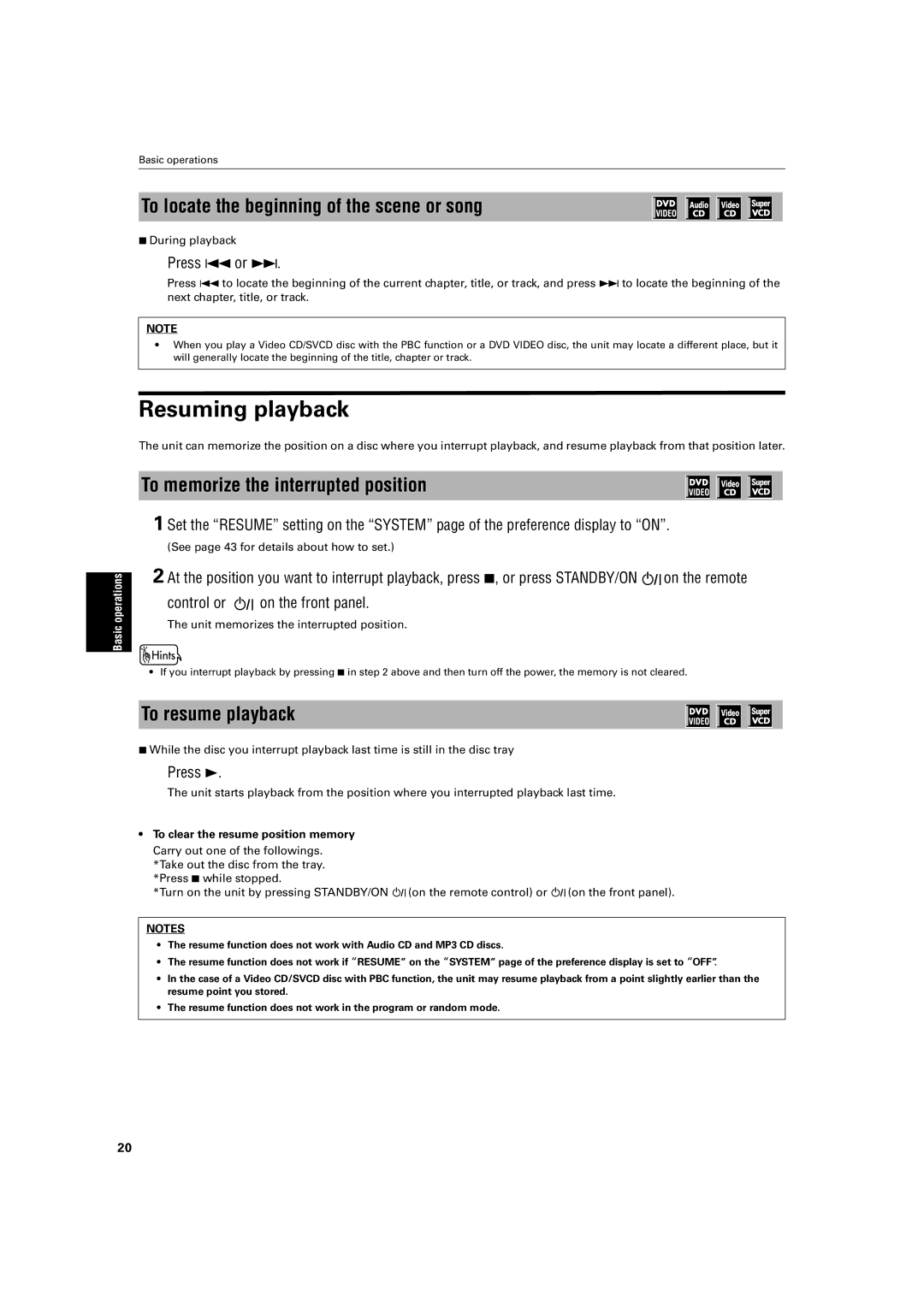 JVC XV-S40BK manual Resuming playback, To locate the beginning of the scene or song, To memorize the interrupted position 