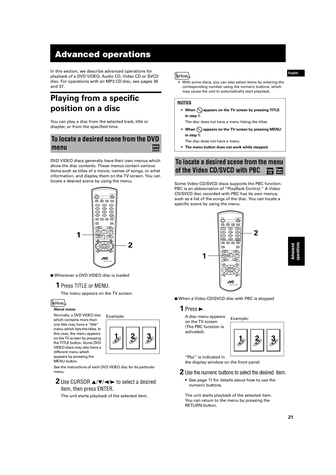 JVC XV-S42SL, XV-S40BK manual Advanced operations, To locate a desired scene from the DVD menu, Press Title or Menu, Example 