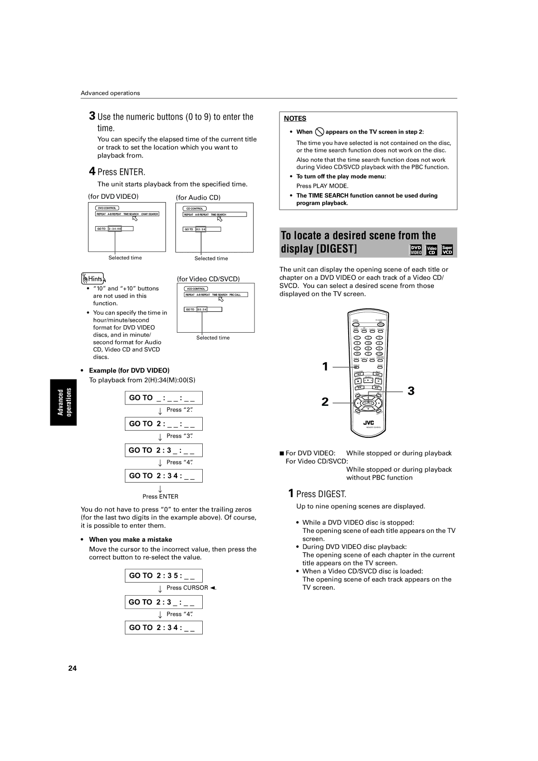 JVC XV-S40BK, XV-S42SL To locate a desired scene from the display Digest, Use the numeric buttons 0 to 9 to enter the time 