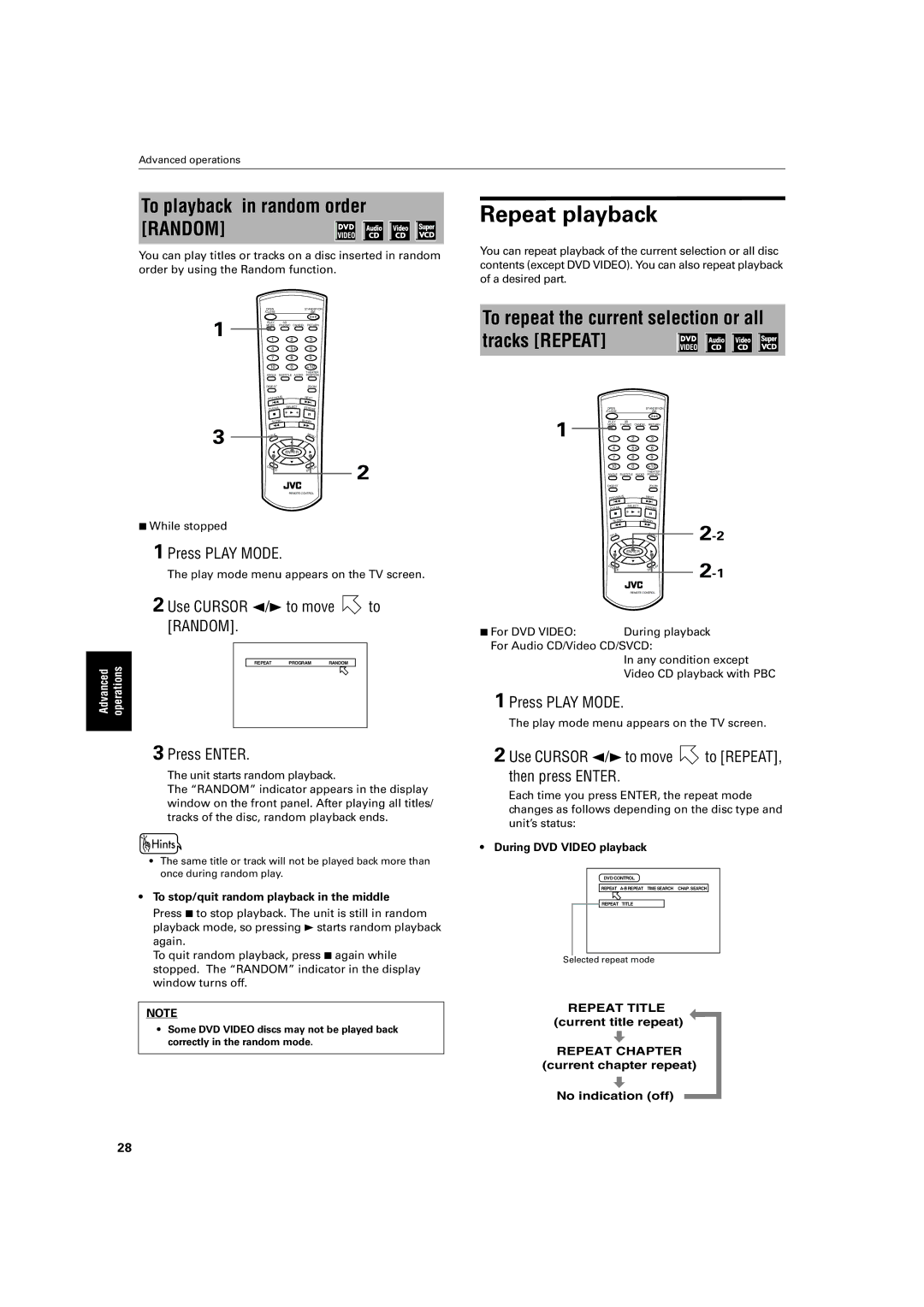 JVC XV-S40BK Repeat playback, To playback in random order Random, To repeat the current selection or all tracks Repeat 