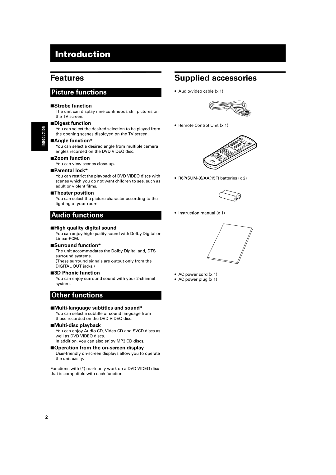 JVC XV-S40BK, XV-S42SL manual Introduction, Features, Supplied accessories 