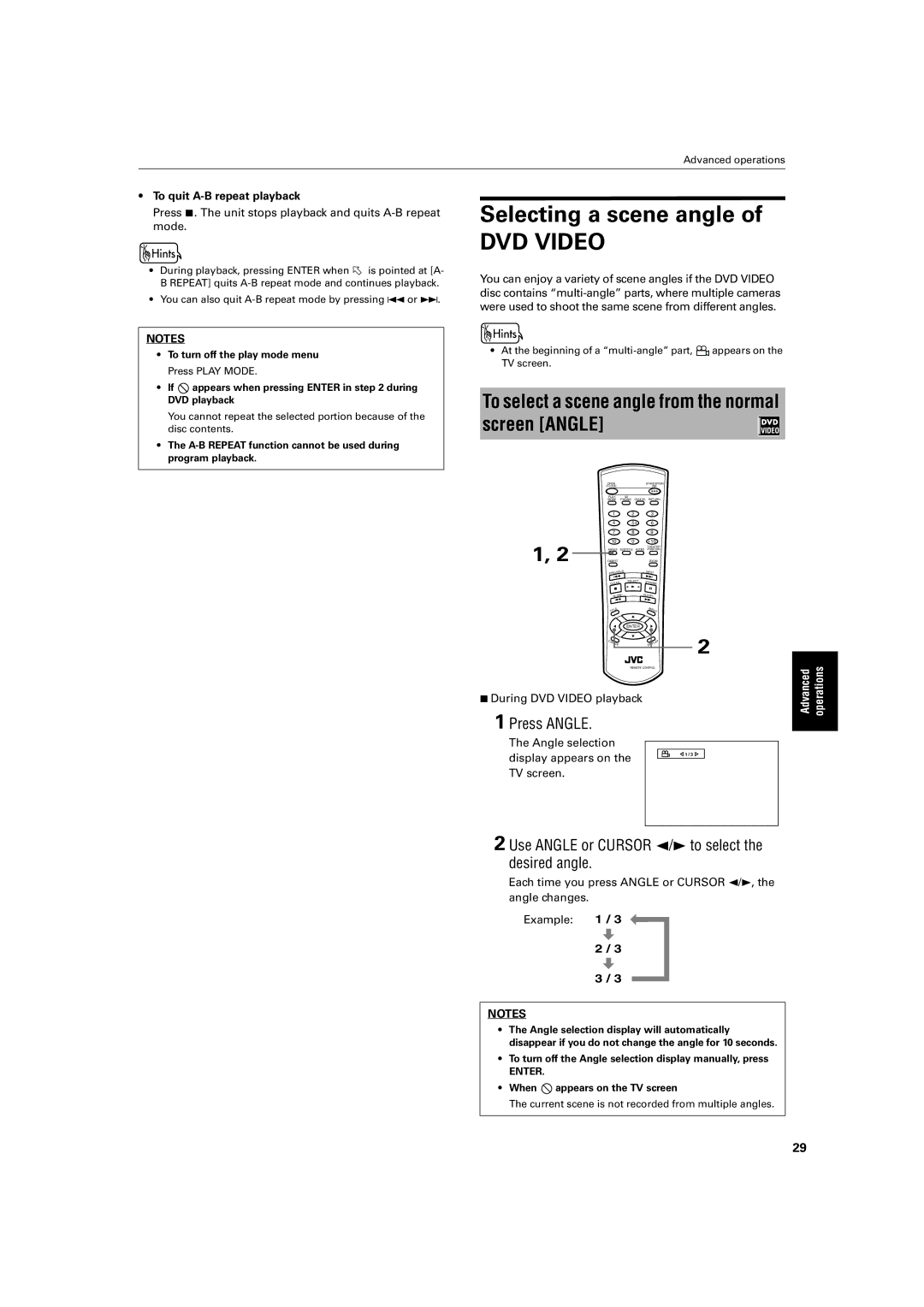 JVC S30BK, XV-S45GD manual To select a scene angle from the normal screen Angle, Press Angle, To quit A-B repeat playback 