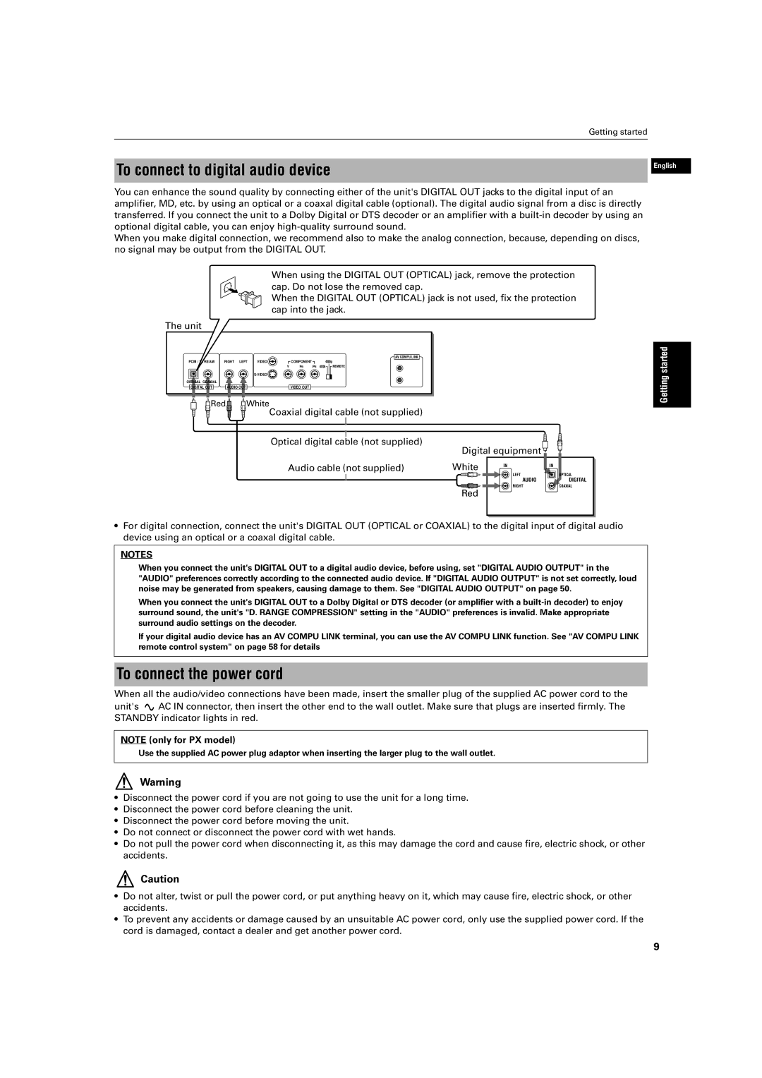 JVC XV-S500BK manual To connect to digital audio device, To connect the power cord 