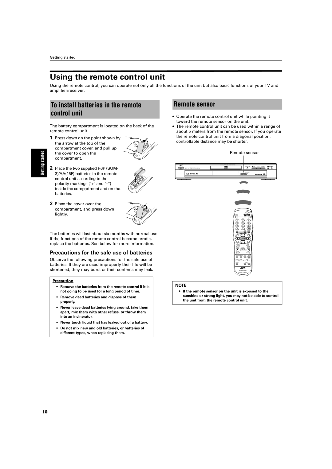 JVC XV-S500BK Using the remote control unit, To install batteries in the remote control unit, Remote sensor, Precaution 