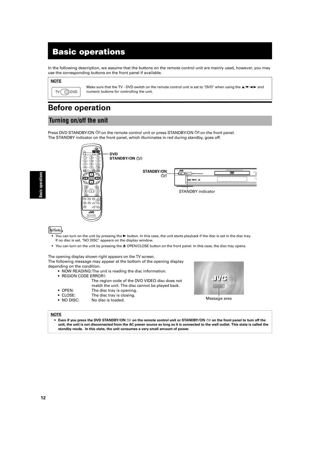 JVC XV-S500BK manual Basic operations, Before operation, Turning on/off the unit 