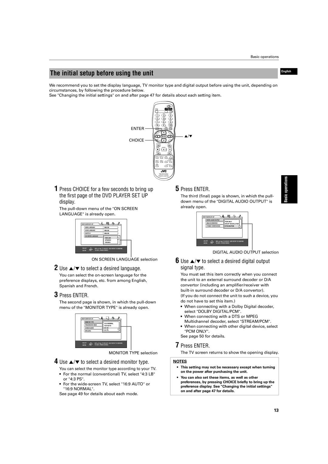 JVC XV-S500BK manual Initial setup before using the unit, Use 5/∞ to select a desired language, Press Enter 