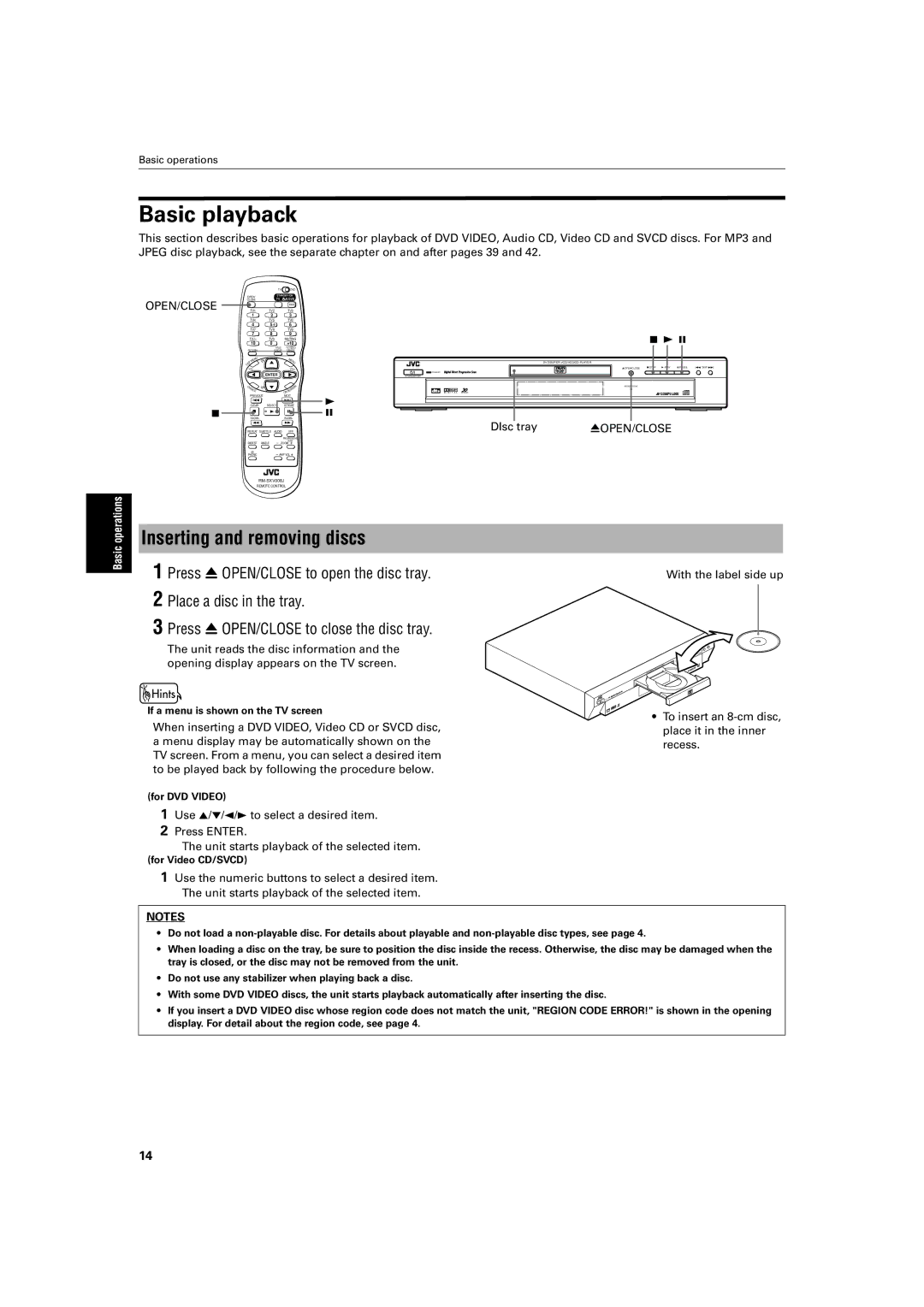 JVC XV-S500BK manual Basic playback, Inserting and removing discs, Open/Close, 0OPEN/CLOSE 